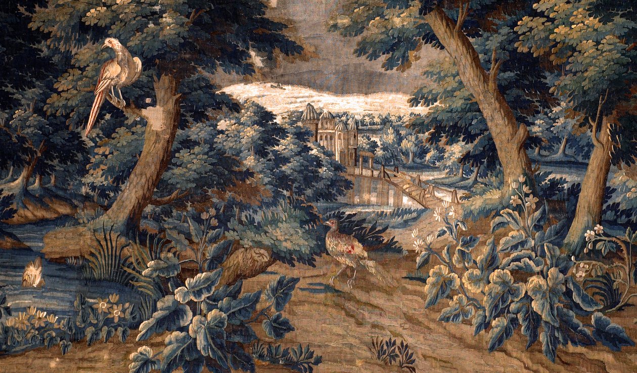 Tapeçaria flamenga. Verdure. Fim do século XVIII, 17º-bengo. Propriedade da igreja Sint-Walburgakerk Oudenaarde (Dekenij van de Sint-Walburga). Detalhe. de Flemish School