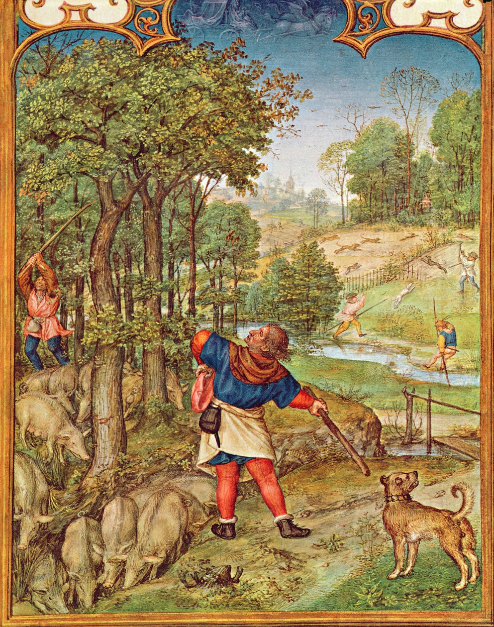 Fol.11v O Mês de Novembro: Colheita de Bolotas para os porcos e Caça, do Breviarium Grimani, c.1515 de Flemish School