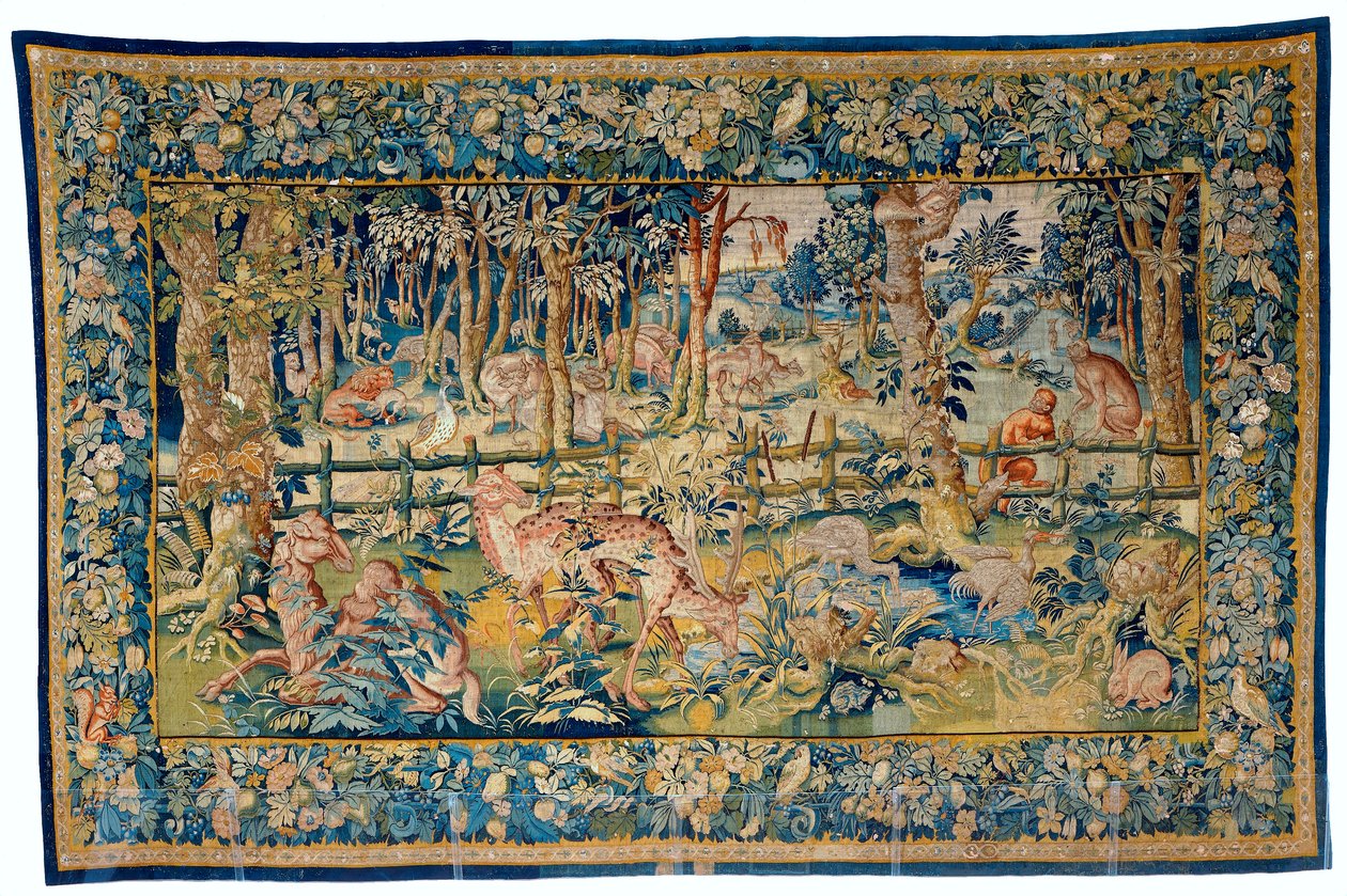 Floresta com animais exóticos (têxteis) de Flemish School