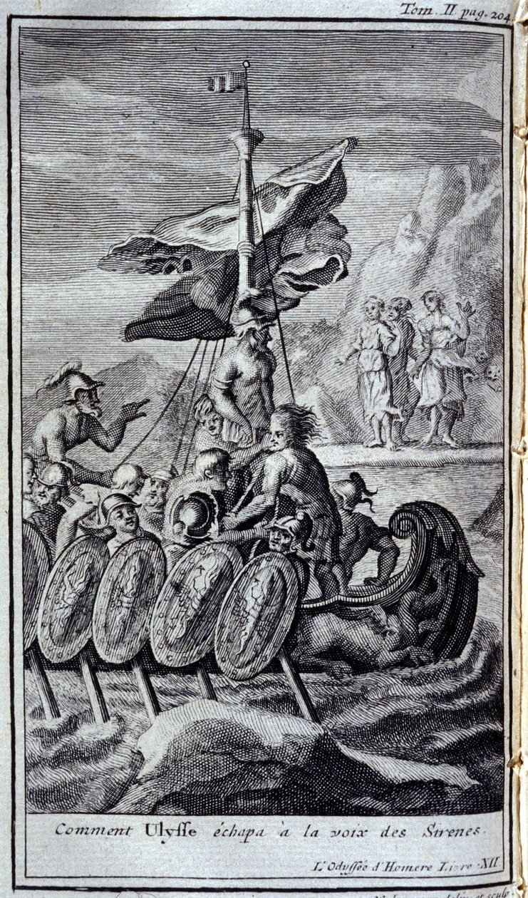 Como Ulisses escapou à voz da sirene. Ilustração para o livro XII da Odisseia de Homero, na Odisseia, publicado em Amsterdã em 1731, Coleção privee Milan. de Flemish School