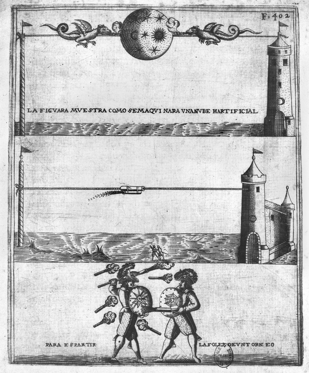 Como fazer uma nuvem artificial, ilustração de Tratado de Artilleria de Diego Ufano, Bruxelas, 1613 de Flemish School
