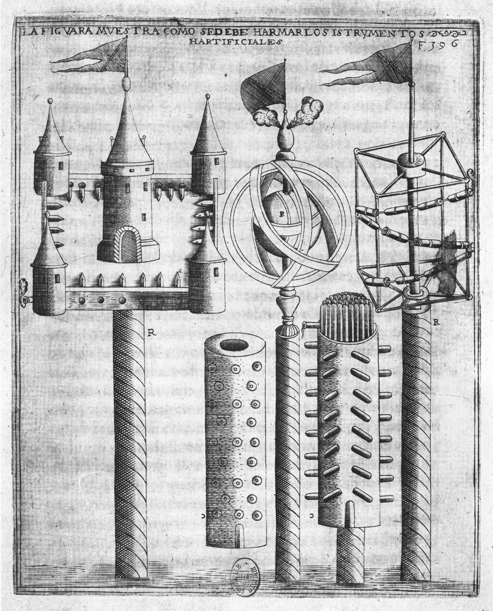 Como definir fogos de artifício, ilustração de Tratado de Artilleria por Diego Ufano, Bruxelas, 1613 de Flemish School