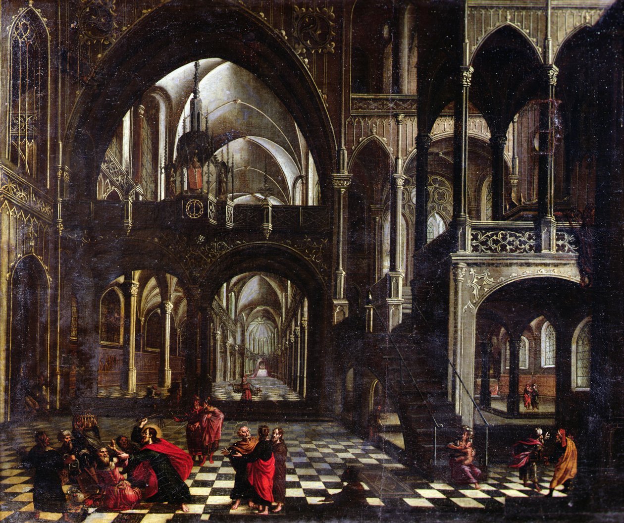 Interior de uma igreja ou Jesus perseguindo os mercadores do templo de Flemish School