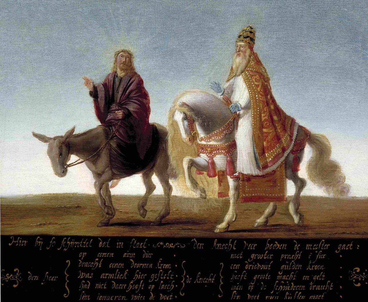 ""Jesus representado em um burro ao lado do papa ricamente vestido em um cavalo"" Caricatura luterana contra o papa - pintura anônima de Flemish School