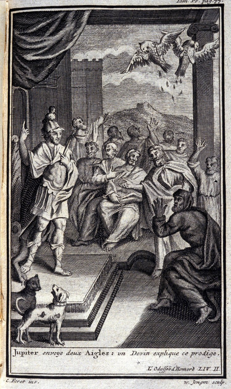 Júpiter envia duas águias: uma chupeta explica este prodígio. Lustração pelo livro II da Odisseia de Homero, na Odisseia, publicado em Amsterdã em 1731, Coleção privee Milan. de Flemish School