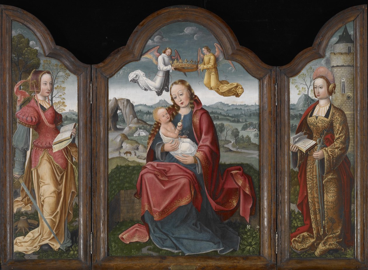 Madonna and Child, St. Barbara and St. Catherine, c.1520 (óleo sobre painel) de Flemish School