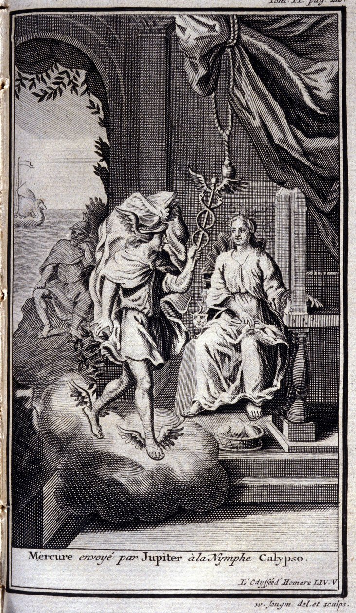Mercúrio enviado por Júpiter para a ninfa Calipso. Ilustração do livro V da Odisseia de Homero, na Odisseia, publicado em Amsterdã em 1731, Coleção privee Milan. de Flemish School