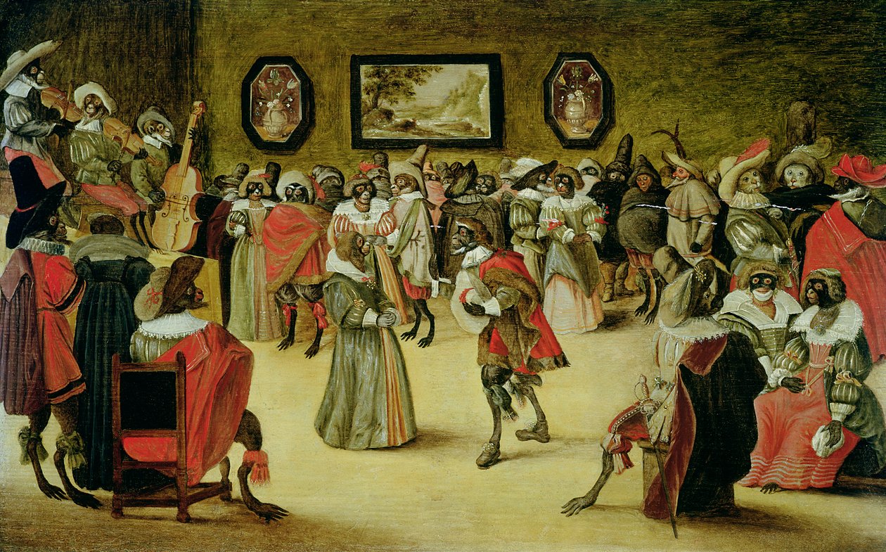 Macacos e gatos em uma bola mascarada, 1632 (veja 204408) de Flemish School