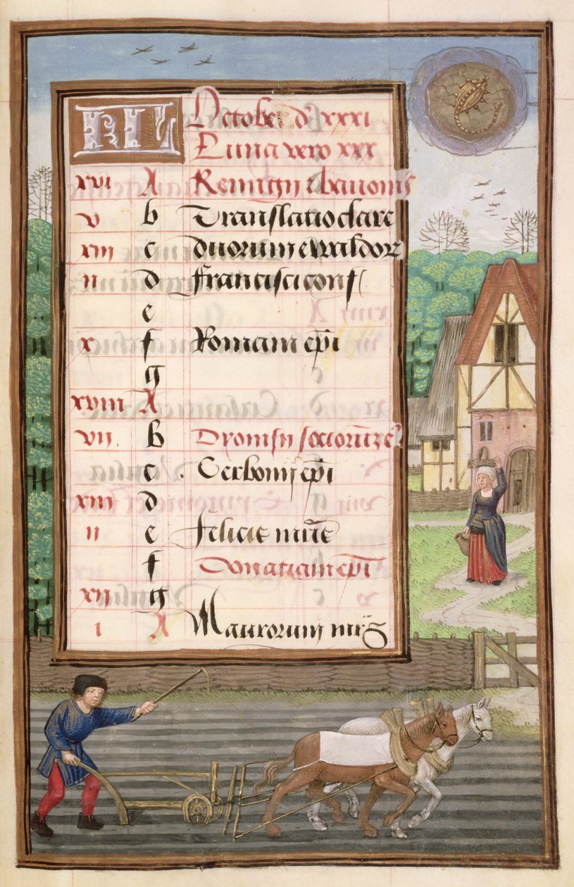 Ms 1058-1975 f10r arando com dois cavalos, página de calendário iluminado para outubro, de um livro de horas, c.1500 de Flemish School