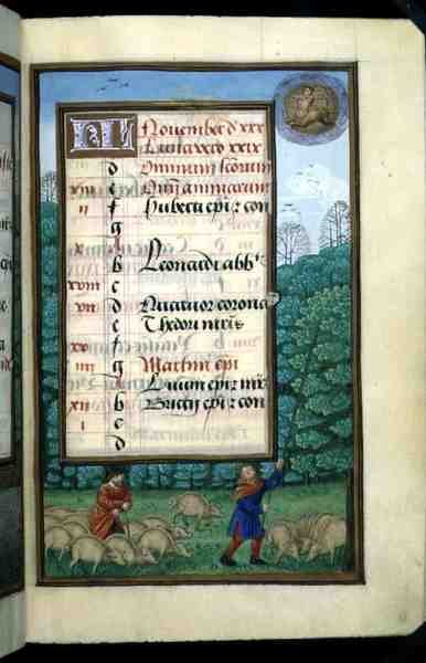 Ms 1058-1975 f.11r Herding Swine and Beating Oaks, página de calendário iluminada para Novembro, de um Livro de Horas, c.1500 (vellum) de Flemish School