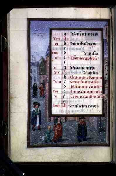 Sra. 1058-1975 f12v Neve em uma rua, página iluminada de calendário para dezembro, de um Livro de Horas, c.1500 (vellum) de Flemish School