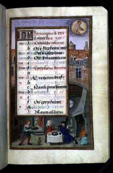 Sra. 1058-1975 f1r Festa de Casais, página de calendário iluminada para Janeiro, de um Livro de Horas, c.1500 (vellum) de Flemish School
