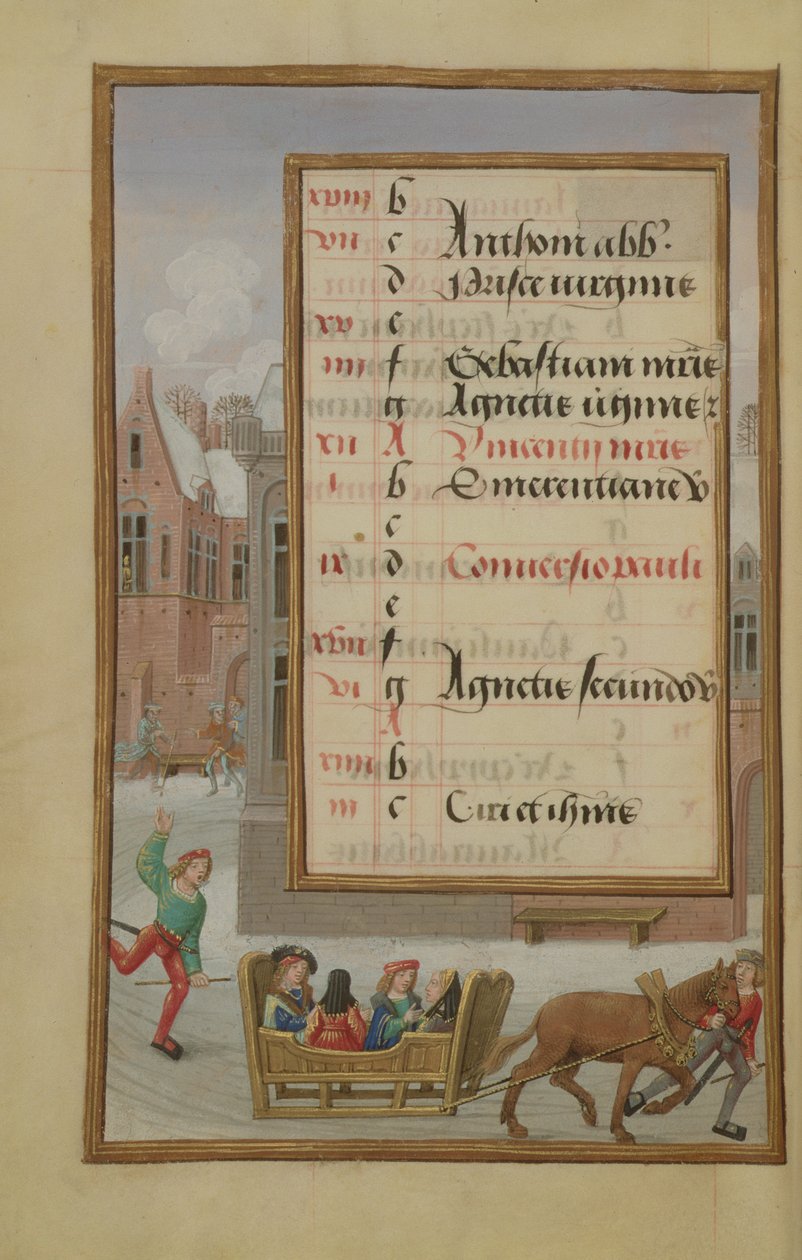 Ms 1058-1975 f1v Street Cena na neve, página do calendário iluminado para janeiro, a partir de um livro de horas, c.1500 de Flemish School