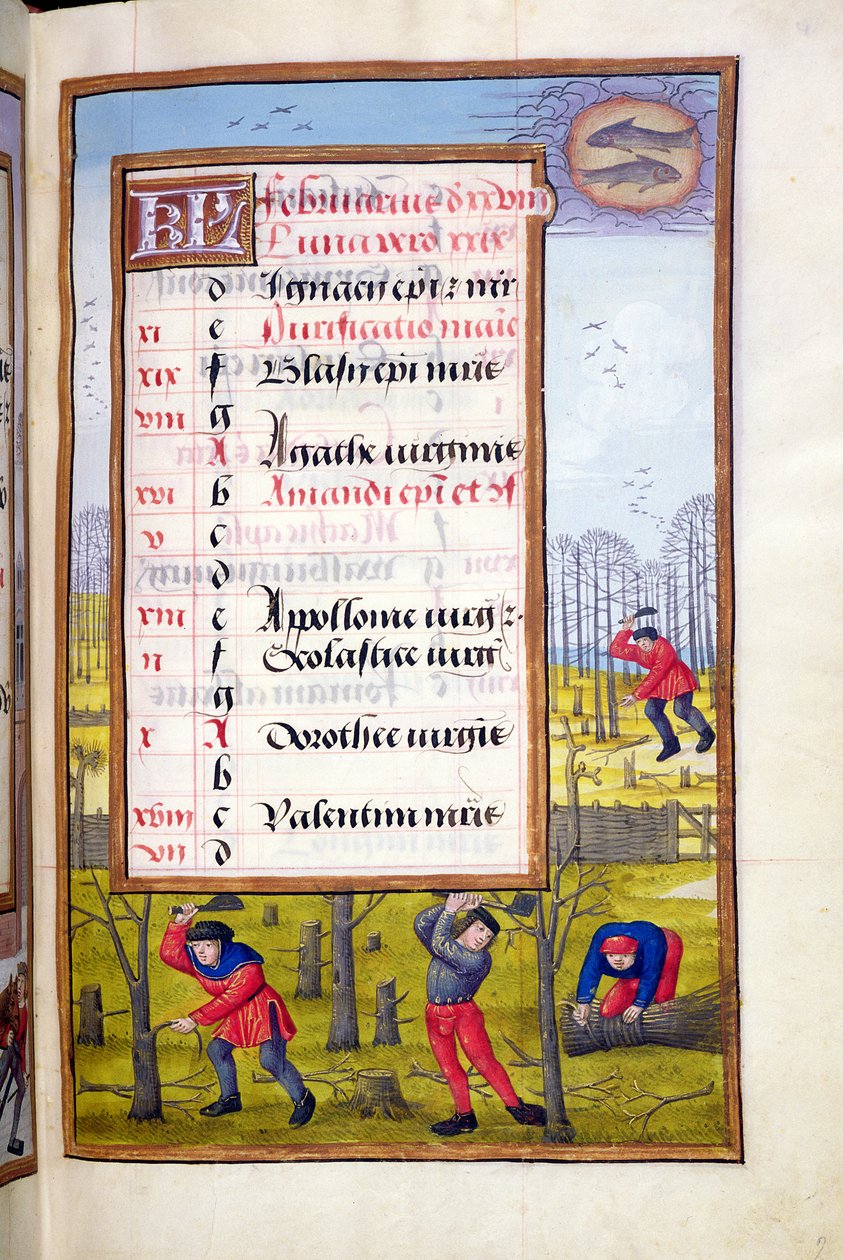 Ms 1058-1975 f2r Árvores de corte e feixes de ligação, página iluminada para fevereiro, de um livro de horas, c.1500 de Flemish School