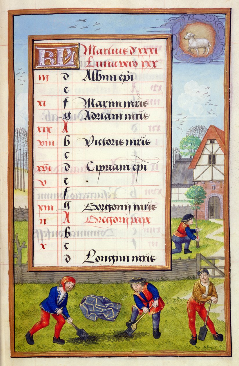 Ms 1058-1975 f3r Digging e Tree Planting, página de calendário iluminada para março, de um livro de horas, c.1500 de Flemish School