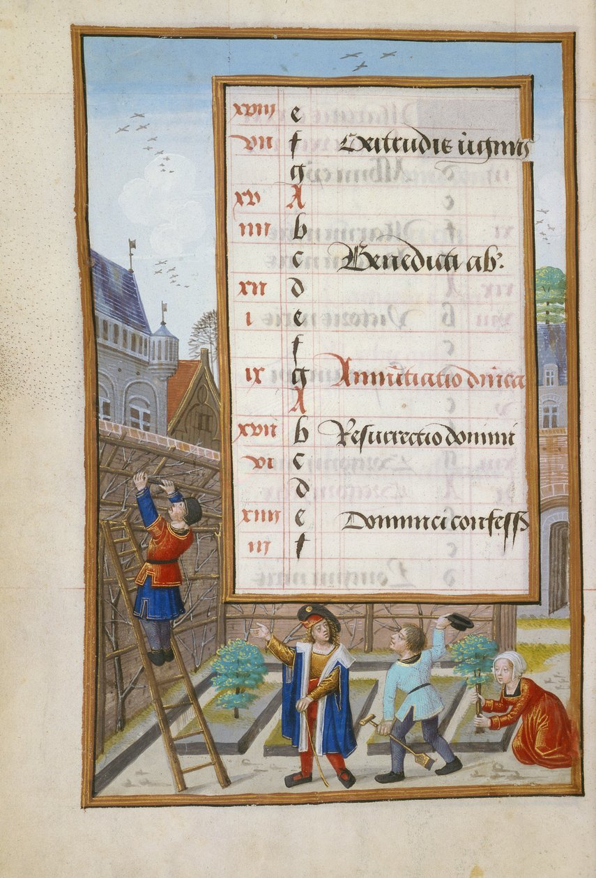 Ms 1058-1975 f3v Proprietário dando ordens aos seus jardineiros, iluminada página de calendário para março, a partir de um livro de horas, c.1500 de Flemish School