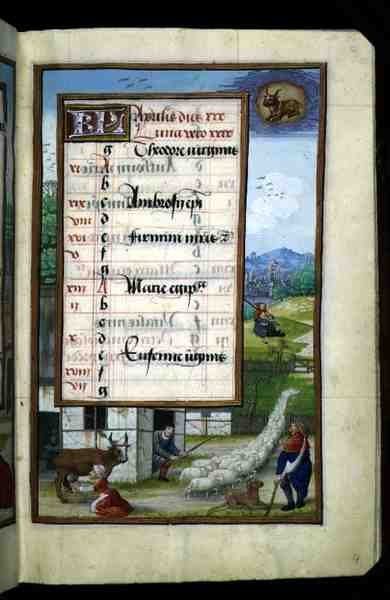 Ms 1058-1975 f4r Cena do pátio da fazenda, página iluminada do calendário de abril, de um Livro de Horas, c.1500 (vellum) de Flemish School