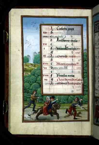 Ms 1058-1975 f4v A Master and his Lady Ride with the Hunt, página iluminada do calendário de Abril, de um Livro de Horas, c.1500 (vellum) de Flemish School