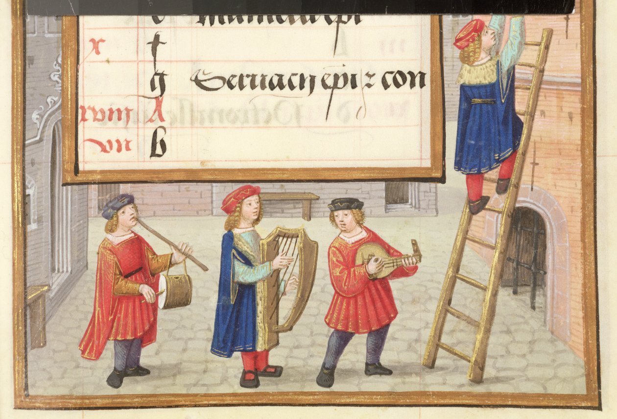 Ms 1058-1975 f.5r Músicos em uma rua de paralelepípedos, detalhe da página de calendário iluminada de maio, de um "livro de horas flamengo", c.1500 (detalhe de 133909) de Flemish School