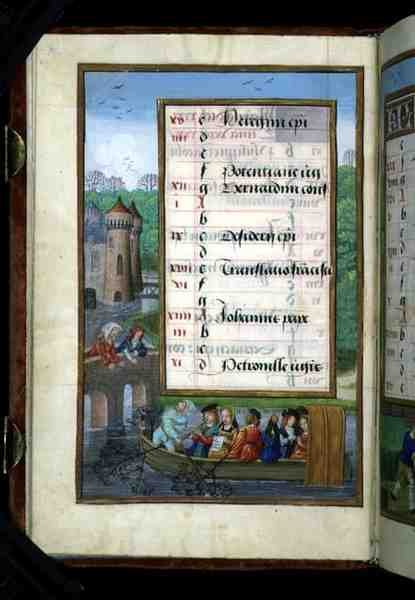 Ms 1058-1975 f5v A Boating Party on a River, página de calendário iluminada para Maio, de um Livro de Horas, c.1500 (vellum) de Flemish School