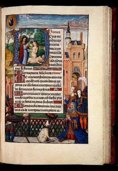 Sra. 1058-1975, f.74r: O Rei David orando à Virgem e ao Menino e um D inicial histórico retratando a criação de Eva, a partir de um Livro de Horas, Bruges, c.1510 (tinta dourada e têmpera em pergaminho) de Flemish School