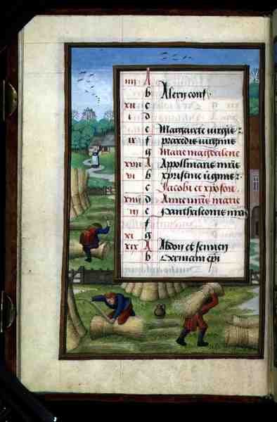 Sra. 1058-1975 f7v Folhas de Encadernação e Transporte, página de calendário iluminada para Julho, de um Livro de Horas, c.1500 (vellum) de Flemish School