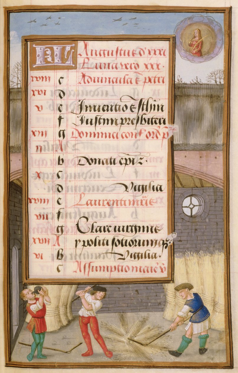 Ms 1058-1975 f8r Debulha Milho no Celeiro, página de calendário iluminada para agosto, de um Livro de Horas, c.1500 de Flemish School