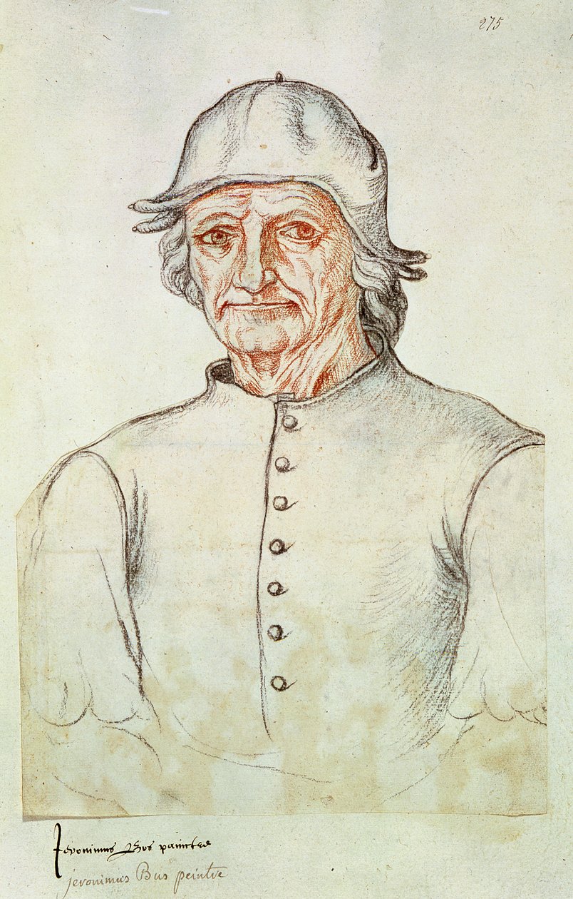 Ms 266 fol.275 Retrato de Hieronymus Bosch (145-1516) do &39;Recueil d&39;Arras&39; (carvão e giz vermelho sobre papel) de Flemish School