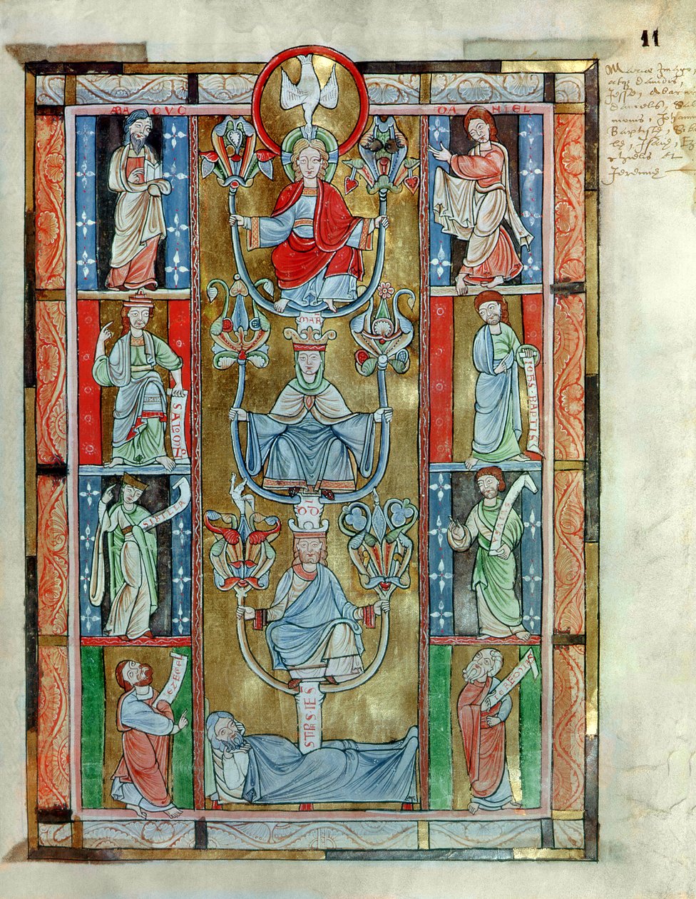 MS 340 fol.11r A árvore de Jesse, as virtudes da Santa Cruz por Rabanaus M. (c.780-856) de Abbey Anehin de Flemish School