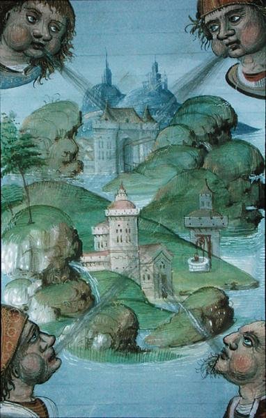Sra. Hunter 9 f.47v Quatro ventos soprando nos cantos de uma paisagem de camisa de mar, de 