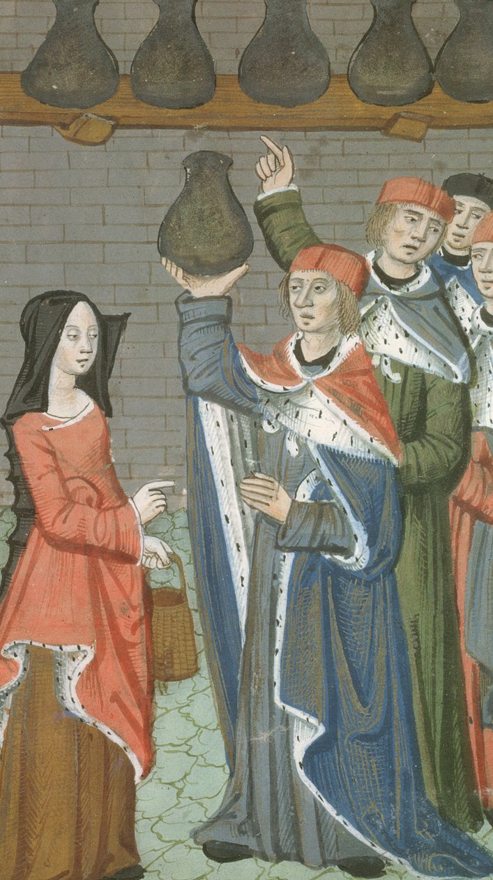 Ms Hunter 9 f.84r Mulher com cesto trazendo urinalis magnus, de De Medina Fen I. II, de Avicena (980-1037) de Flemish School