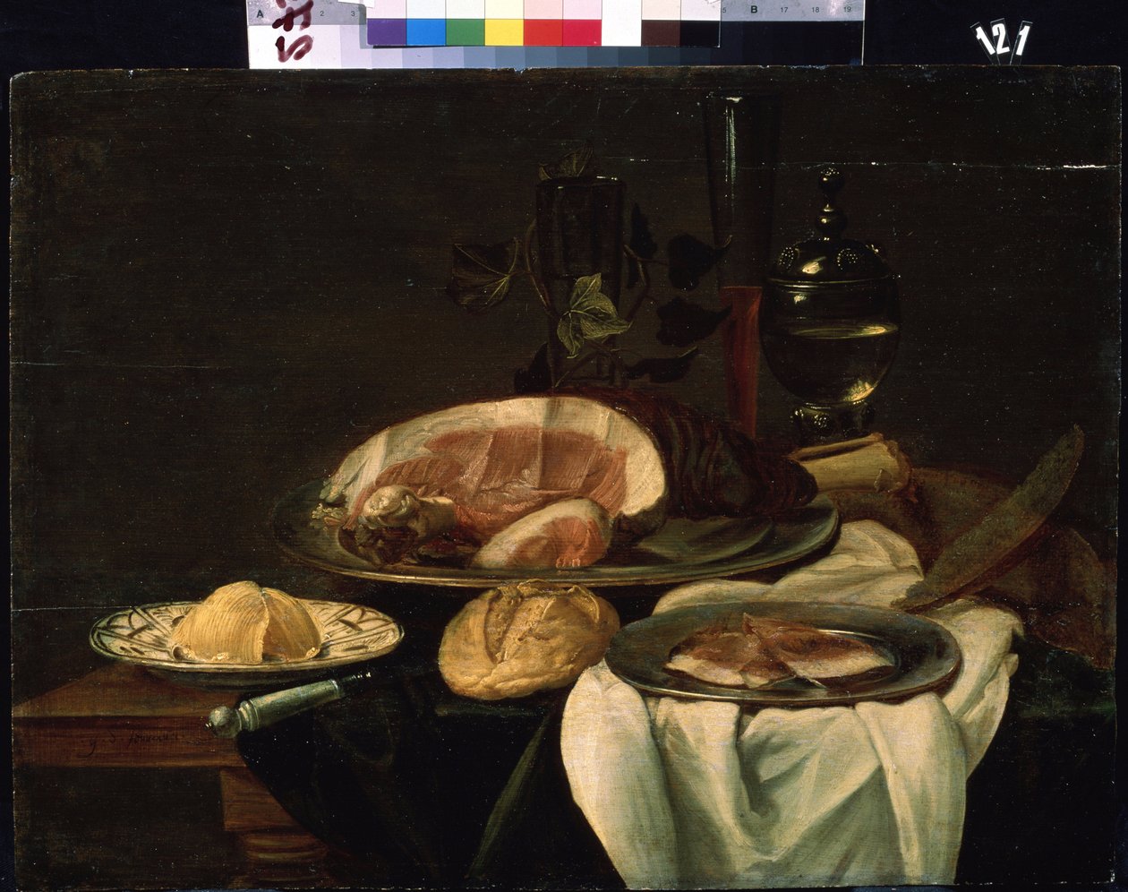 "Natureza morta" (Natureza morta) Presunto, pão e manteiga. Pintura da escola holandesa. 1650 Museu de Arte Mikhail Kroshitsky, Sevastopol (Sevastopol) Ucrânia de Flemish School