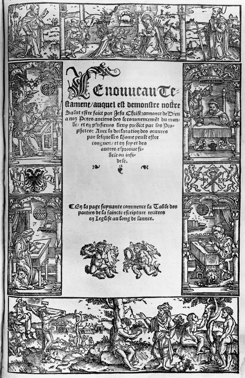 Novo Testamento Título Página de uma tradução francesa por Jacques Lefevre dEtaples (1450 -1537) publicado em Antuérpia em 1531 de Flemish School