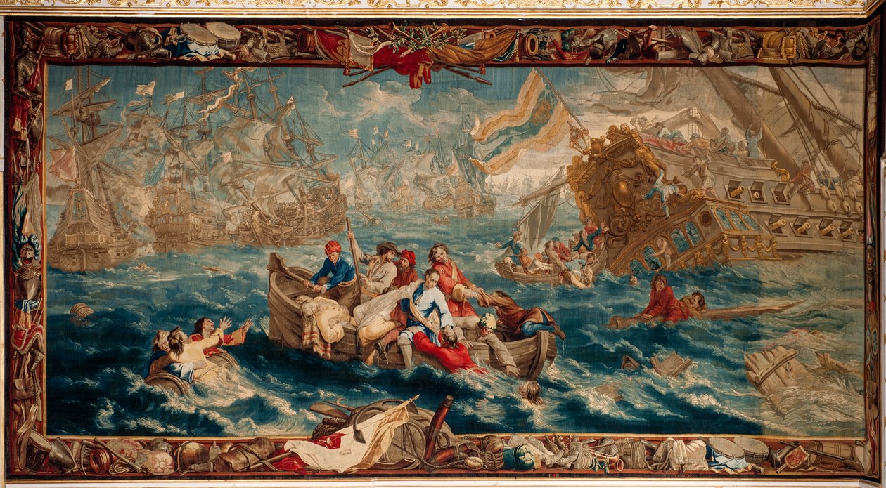 Palácio (Schlossanlage Schleißheim). Tapeçaria flamenga. Atelier de Bruxelas Judocus De Vos. Design Lambert De Hondt. Batalha Naval de La Hogue. 400x792cm. Lã e seda. Ca 1715 - 1724. de Flemish School