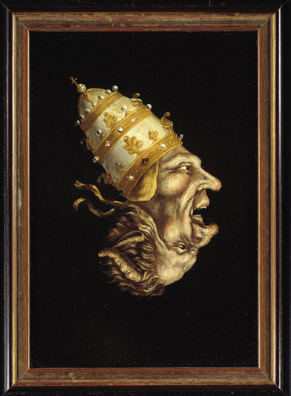 "Devil-pope" (Pope devil-pope) Cartum luterano contra o papa mostrando o perfil do papa entrelaçado com o do diabo - Pintura anónima, ca. 1600 (holandês) Museum Catharijneconvent, Utrecht Países Baixos de Flemish School
