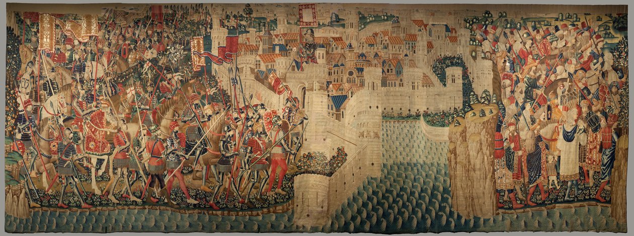 Museu Paroquial de tapeçarias (Museo Parroquial de Tapices de Pastrana). Tapeçaria flamenga. Conquista de Tanger (Toma de Tánger, De inname van Tanger). Série Conquistas de Alfonso I de Portugal (Conquistas de Alfonso V de Portugal). Tournai. Lã e seda de Flemish School