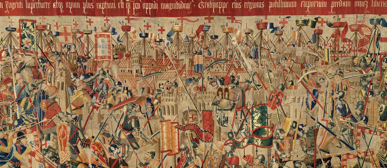 Museu Paroquial de tapeçarias (Museo Parroquial de Tapices de Pastrana). Tapeçaria flamenga. Toma de Arcila (Toma de Arcila, Asalto de Arcila, De inname van Arzila). Série Conquistas do rei Afonso I de Portugal (Conquistas de Alfonso V de Portugal). Tourna de Flemish School