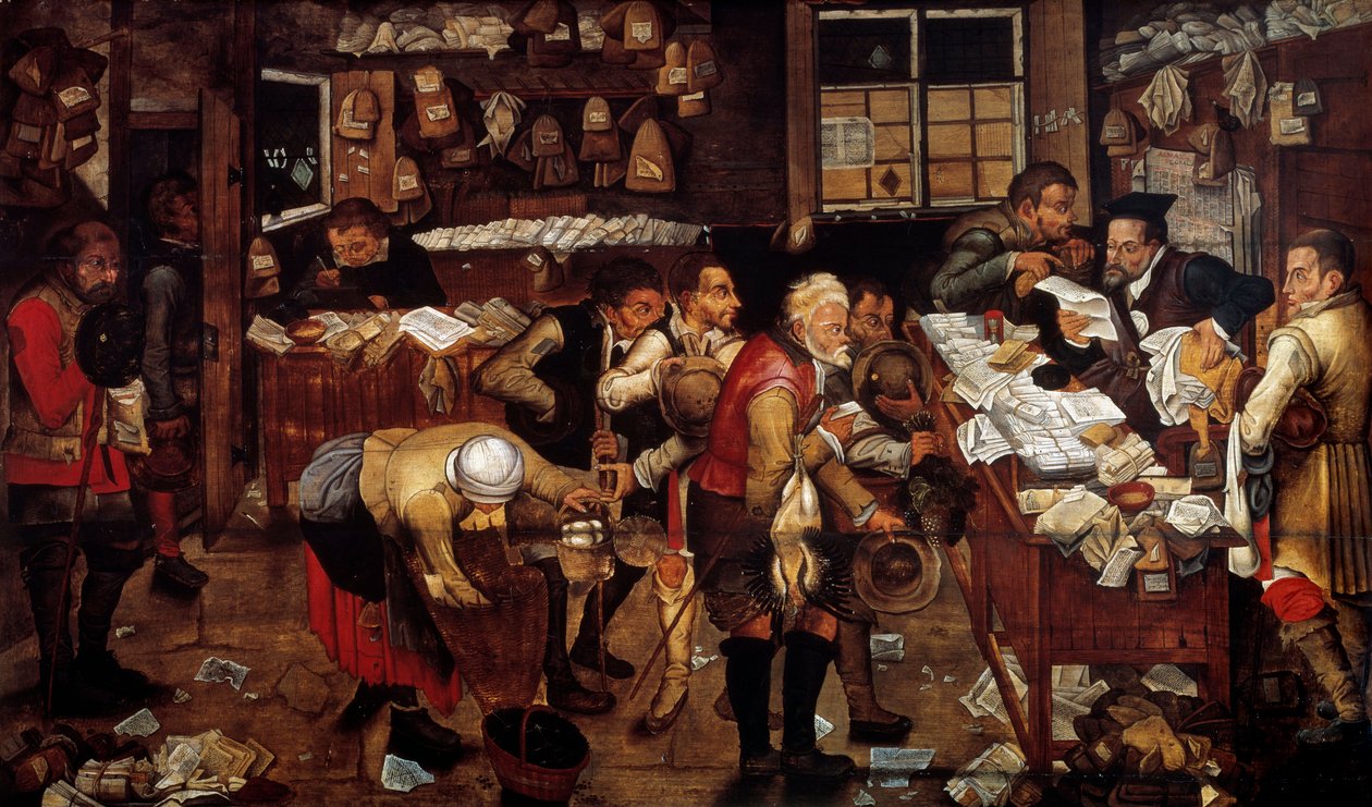 Cena da loja de penhores de Mount Piete. Pintura da escola flamenga. Artes decorativas de Paris do século XVI - Pawnbroker, Cena do "Monte das Tortas". Pintura da Escola Flamenga. Século XVI. Artes Decorativas, Paris. de Flemish School