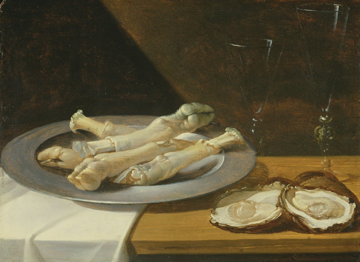 Porcos Knuckles em um prato de estanho com ostras e copos de vinho sobre uma mesa drapeada, c.1630 de Flemish School