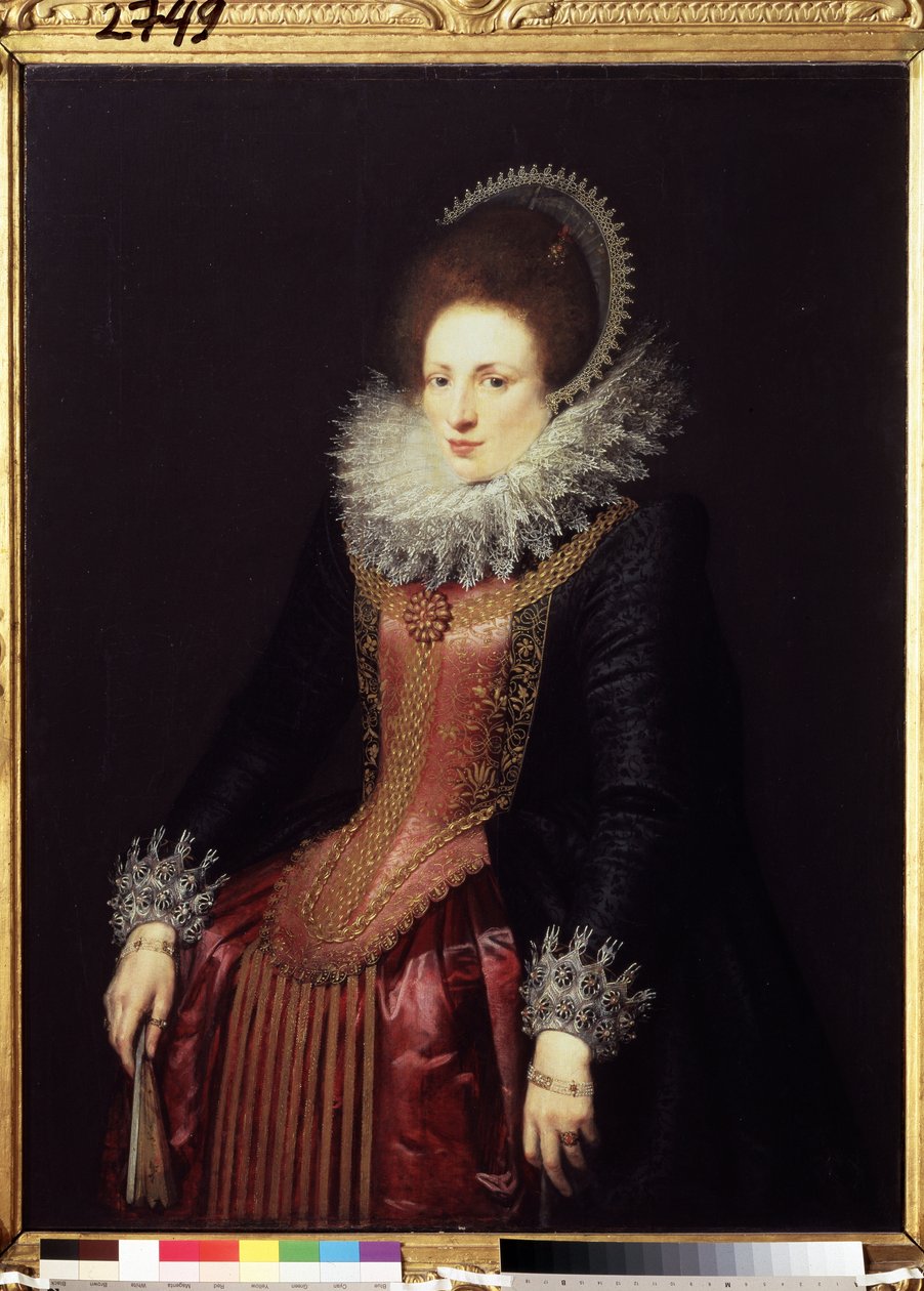 "Retrato de uma senhora com um leque, uma senhora de condição rica, vestindo um morango e um vestido bordado. Pintura da escola flamenga por volta de 1610. Museu Pushkin, Moscovo de Flemish School