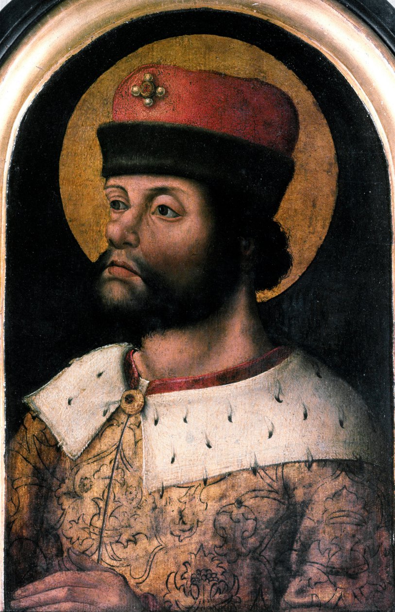 Retrato de Carlos Magno (Charles I called Charles the Great 742-814) Pintura anônima da escola flamenga. Londres do século XVI, Antiquaries Society de Flemish School