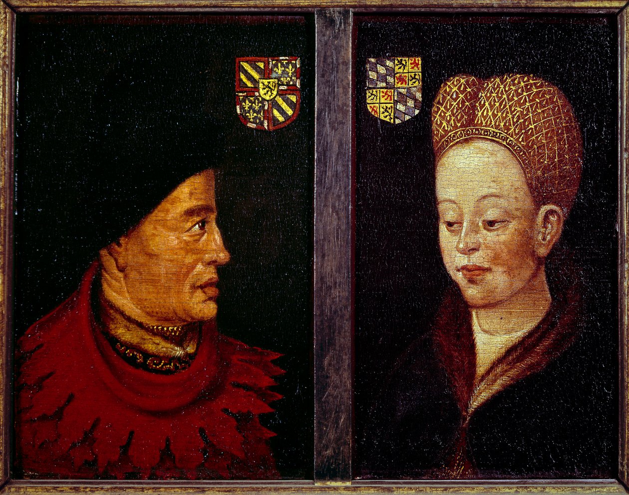Retrato de João sem medo, Duque de Borgonha (1371-1419) e Marguerite de Baviere, Duquesa de Borgonha (1363-1423) Pintura em madeira da Escola Flamenga. Gante do século XV, Museu de Belas Artes de Flemish School
