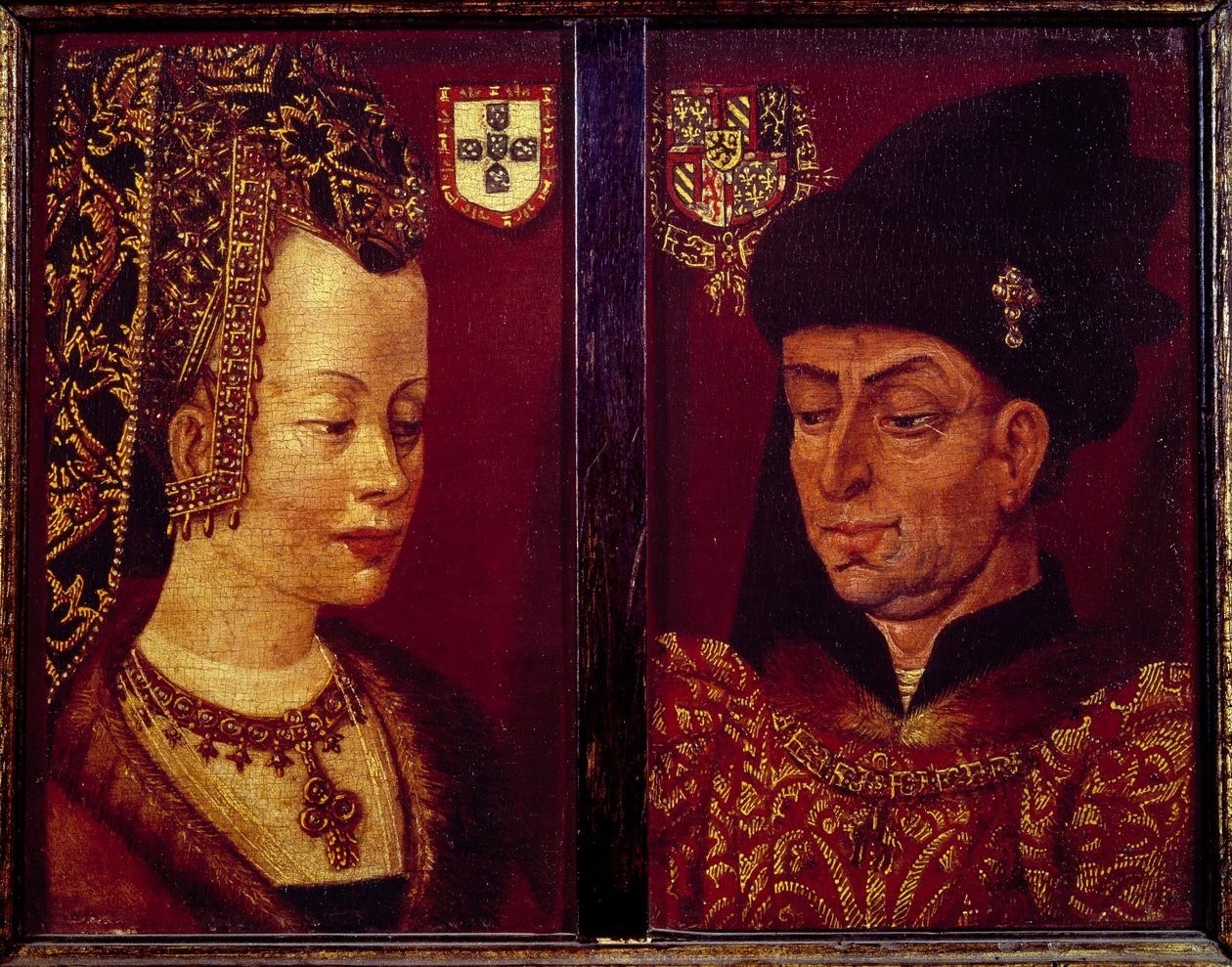 Retrato de Filipe o Bom, Duque de Borgonha (1396-1467) e Isabel de Portugal, Duquesa de Borgonha (1397-1472) Pintura sobre madeira da Escola Flamenga. Museu de Belas Artes de Gante do século XV de Flemish School