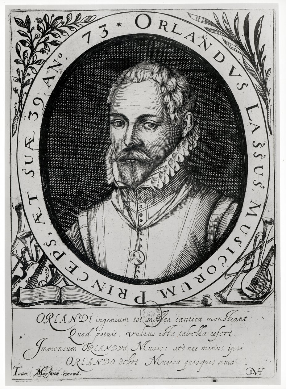 Retrato de Roland de Lassus (1532-94) (gravura) (foto bw) de Flemish School