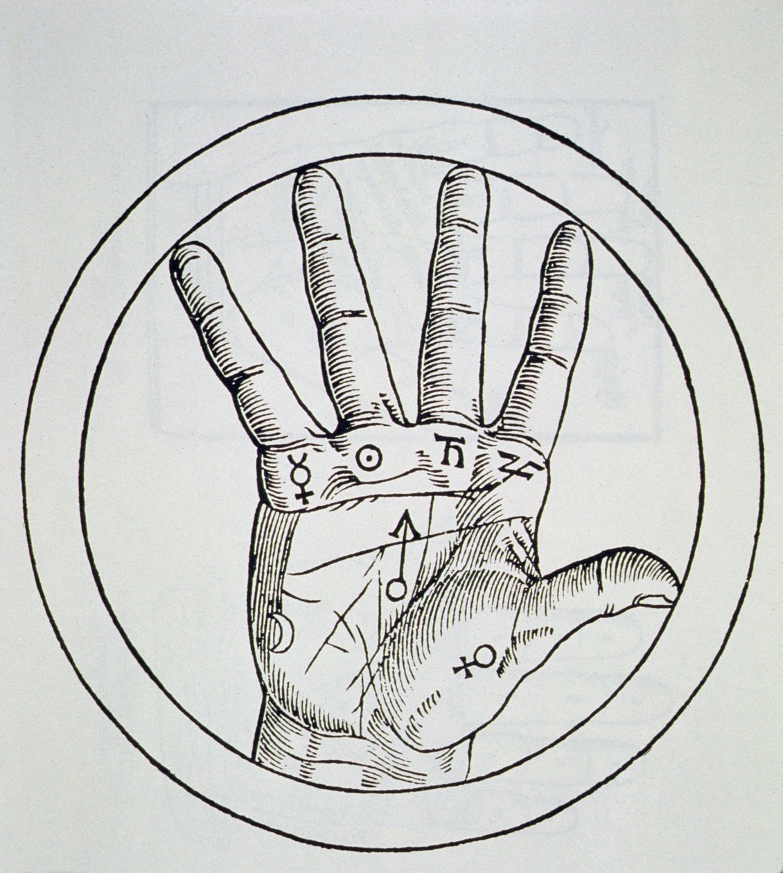 Posição dos Planetas na Mão Direita, cópia de uma ilustração de De Occulta Philosophia Libri III, de Henricus Cornelius Agrippa, Antuérpia, 1533, usada em uma História da Magia, publicada no final do século XIX. de Flemish School