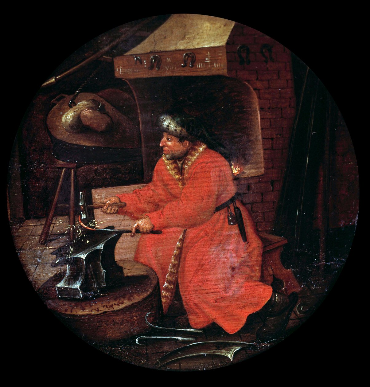 Representação de um artesão ferreiro no seu ferreiro a golpear uma haste de metal numa bigorna. Pintura da escola flamenga. Século XVI. de Flemish School