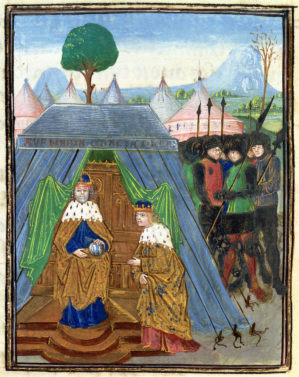 Roy 15 E I f.321v Baldwin II visita Manuel Comnenus, do Estoire d