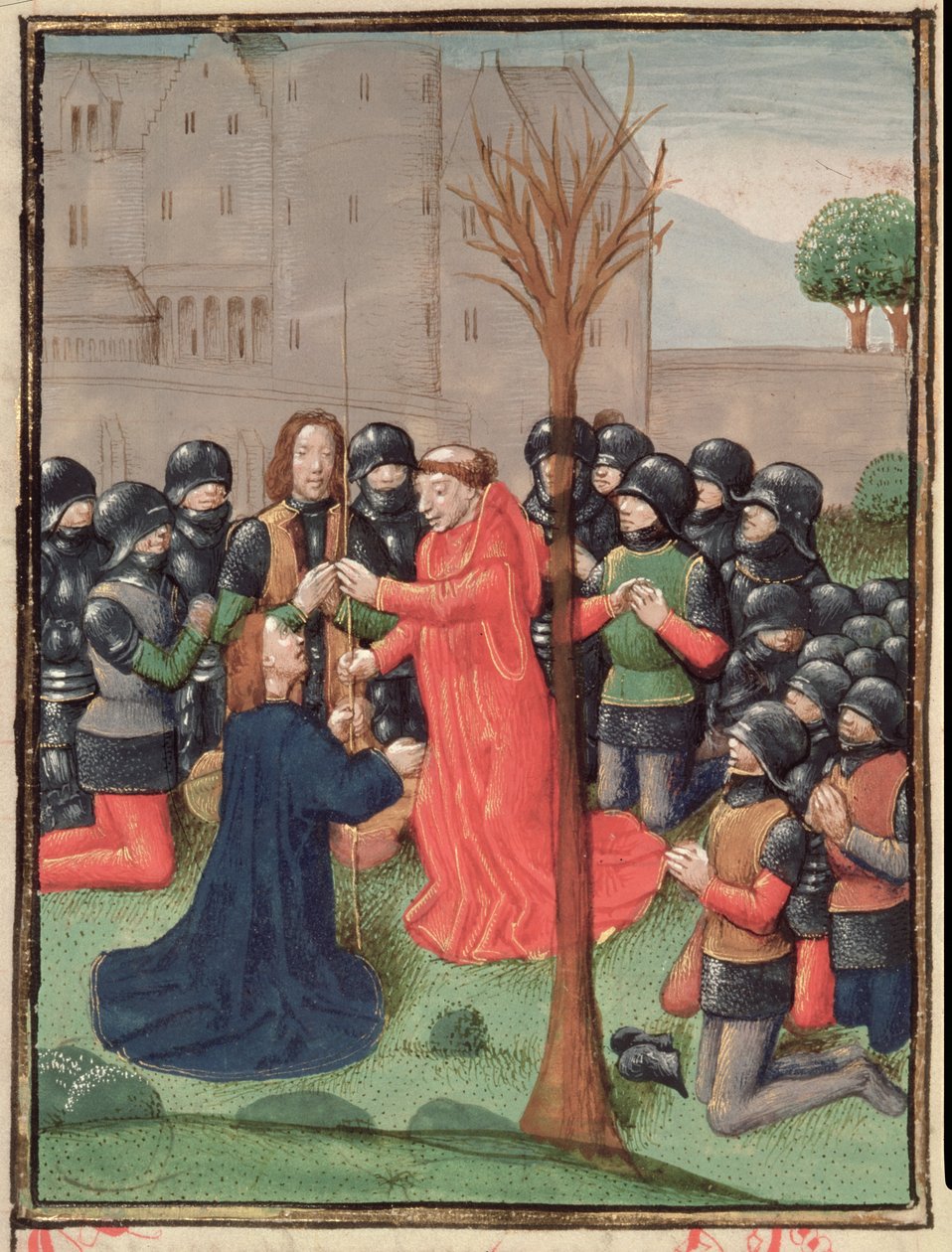 Roy 15 E I f.98v A descoberta da lança com que Cristo foi trespassado, de Estoire d