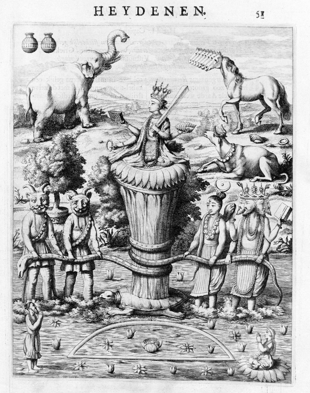 Samudramathana, com a participação de Deva (Surya, Shiva, Vishnu, Brahma) com demónios e montagens. De acordo com Baldaeus Philippus Afgoderye der oost-indische Heydenen. Amsterdã 1672 de Flemish School