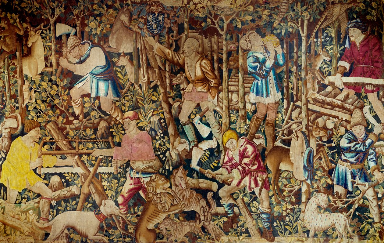 Cenas da colheita e do lenhador. Tapeçaria da Escola Flamenga. Tournai. Paris do século XV, artes decorativas. de Flemish School